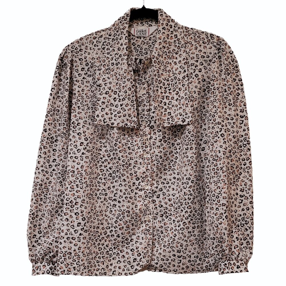 Vintage 1980s Cricket Lane Leopard Print Button Up Blouse with Drop Bow Collar